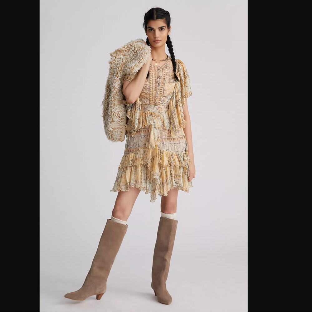 NWT Mes Demoiselles Ruffled Shimmer Boho Mini Dress - Size 4
